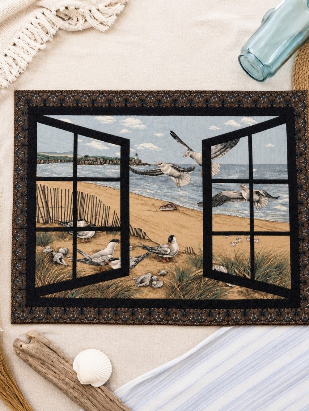 Seaside Windowpane Wall Hanging with Seagull Illustration 30x40
